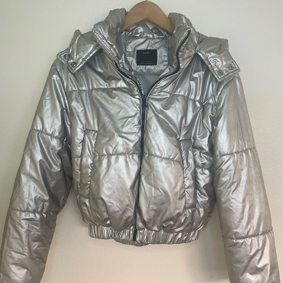 Bershka Jackets & Blazers - Bershka Metallic Silver Puffer Jacket